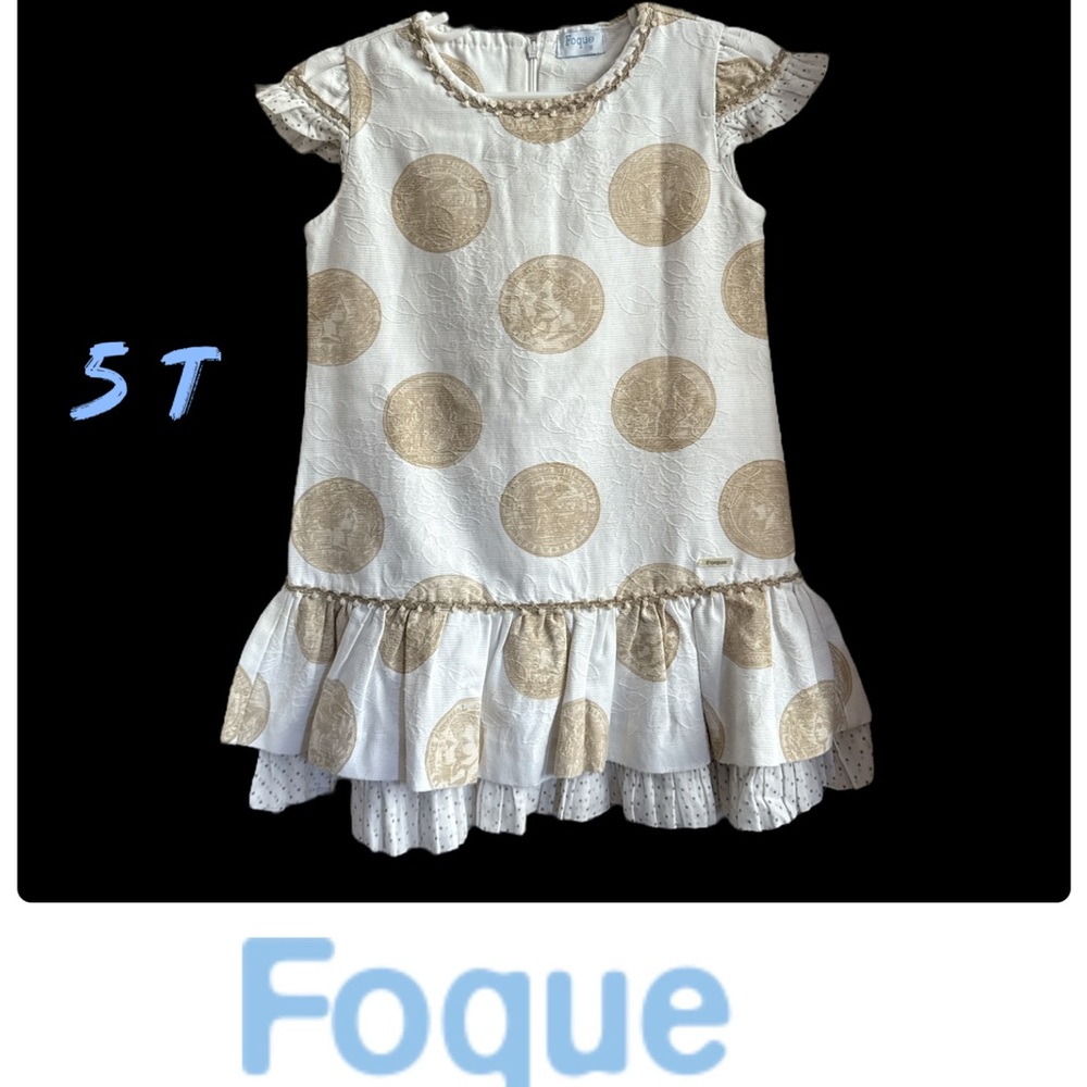 Foque size 5 girls Spanish dress Que White and Tan Ruffled A-line Dress